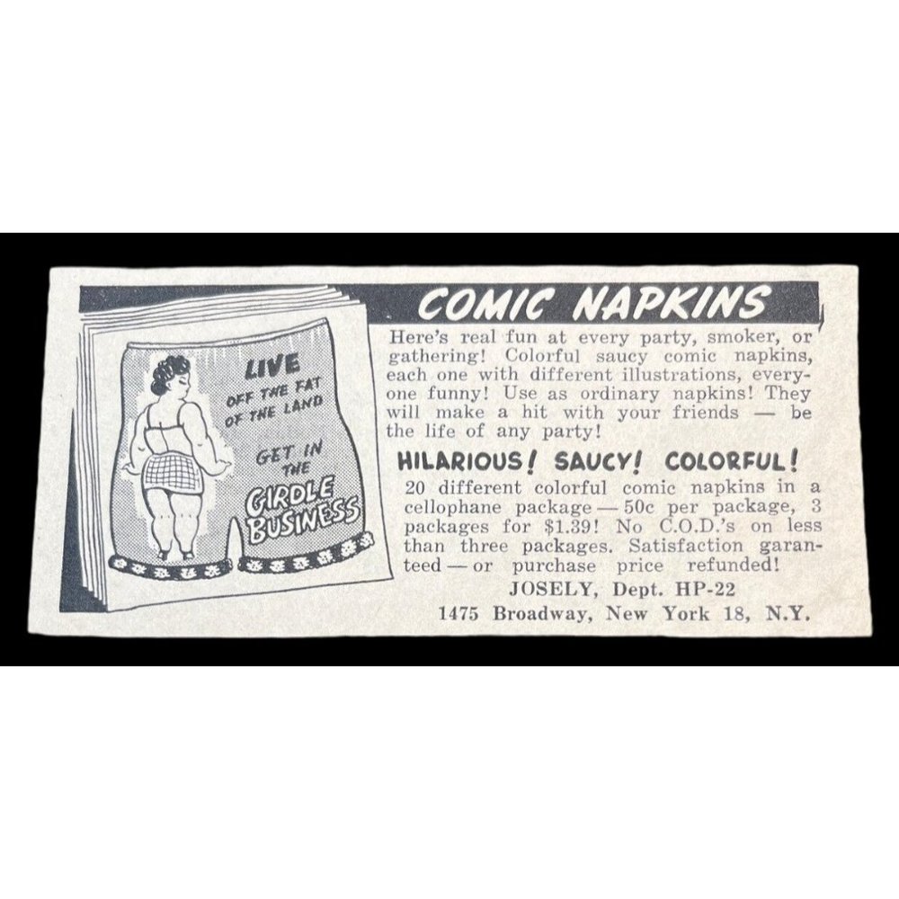 Comic Napkins Vintage Print Ad 1950 Josely New York Novelty Girdle Business